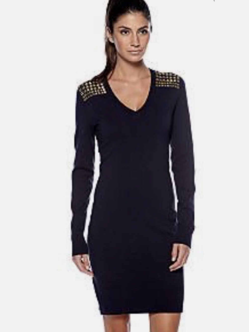 MICHAEL Michael Kors Studded Navy Blue V-Neck Long Sleeve Sweater Dress Size XL